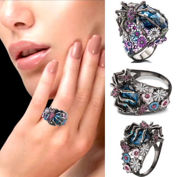 925 stamped sterling silver Crystal spider accent rings size 6 7 8 9 - Picture 1 of 16